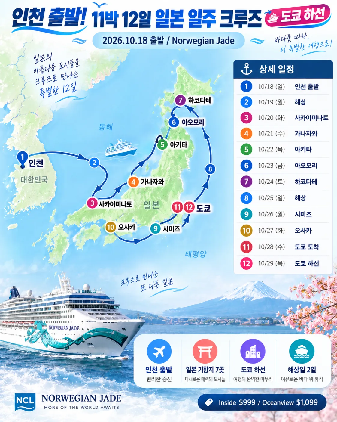 11박 12일 인천→일본 7개 도시→도쿄 NCL 크루즈