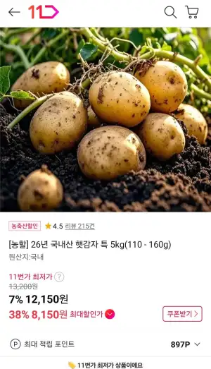 온누리가능) 햇감자 특 5kg