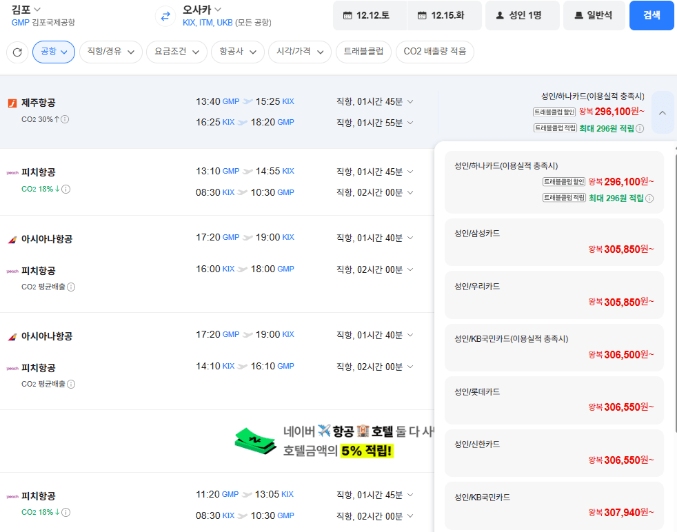 김포-오사카 1212-1215 삼성카드