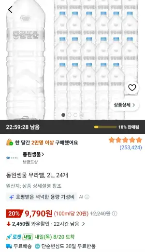 동원샘물 무라벨, 2L, 24개