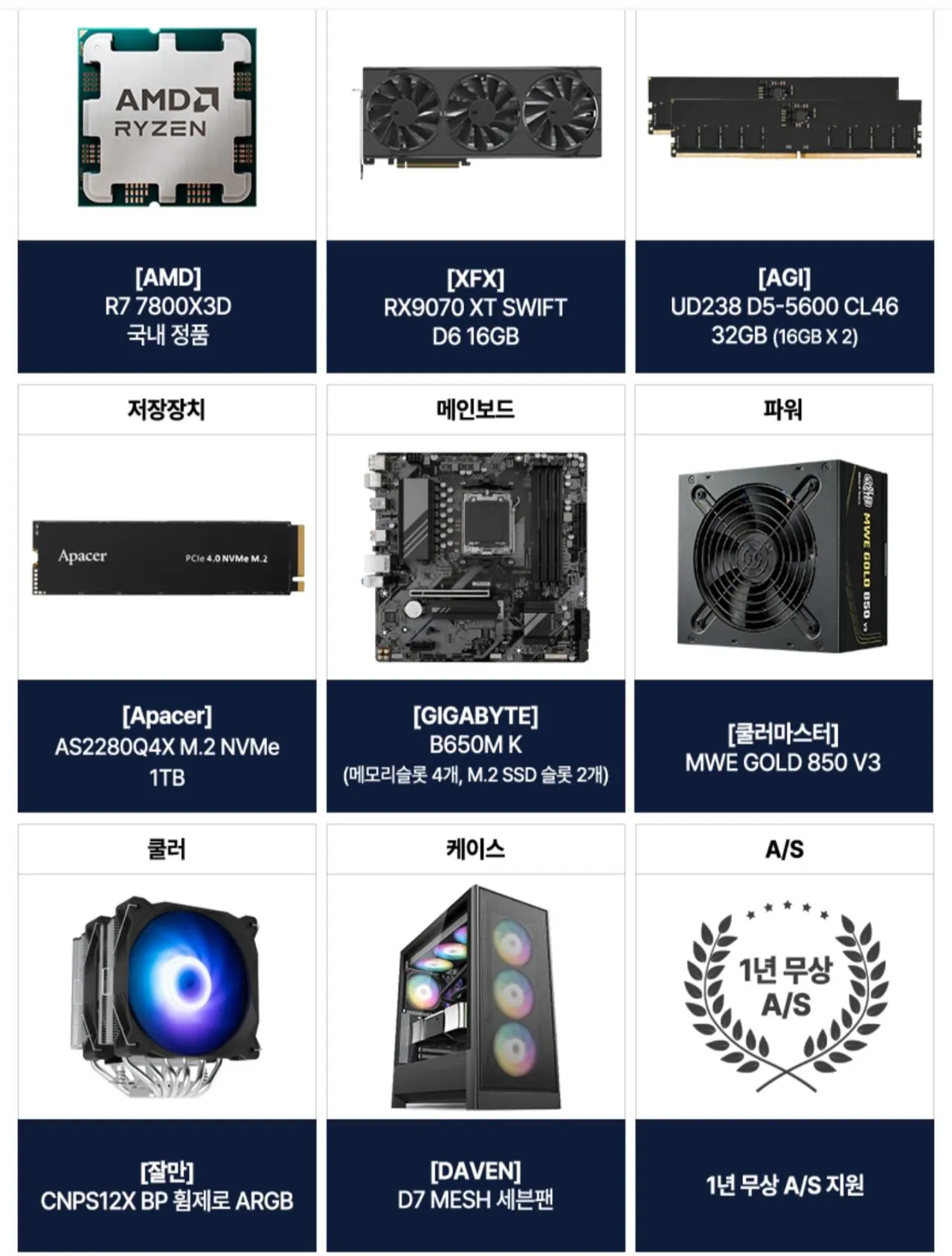 AMD 7800X3D RX9070XT 16GB +32GB +1TB 조립PC 게이밍컴퓨터 조립컴퓨터 본체 게임...