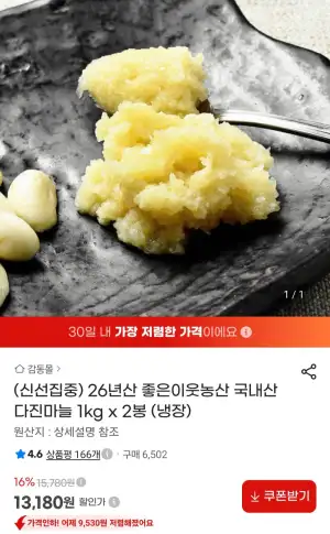 26년산 국내산 다진마늘 1kg x 2봉
